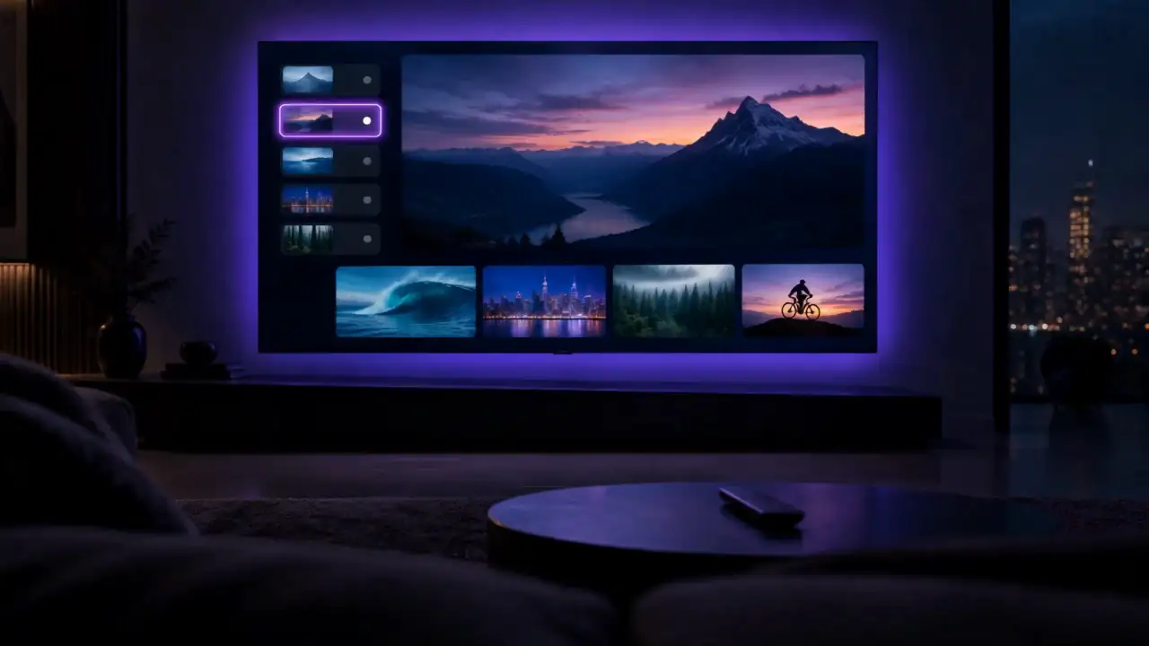 An illustration of Vexla on a living-room TV: a channel list with one highlighted tile, a featured mountain landscape and a row of nature and city thumbnails.