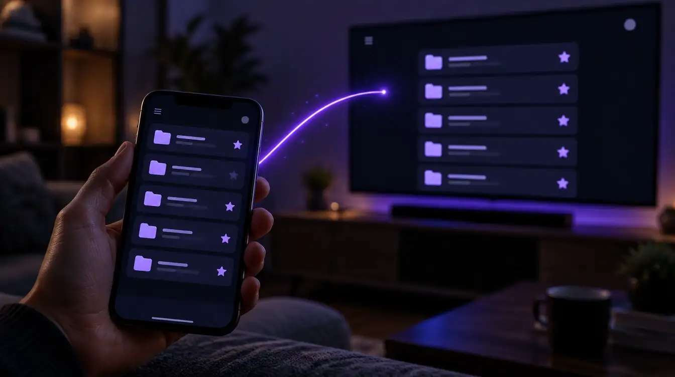 A phone showing Vexla folders and favorites, with the same list on a TV in the background, linked by a violet light trail.